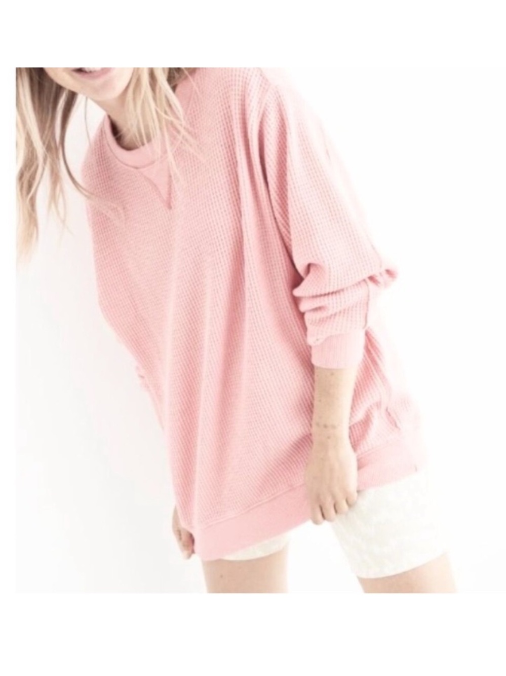 Aerie Light Pink Waffle Knit Thermal Oversized Long Sleeve Thermal Top XL